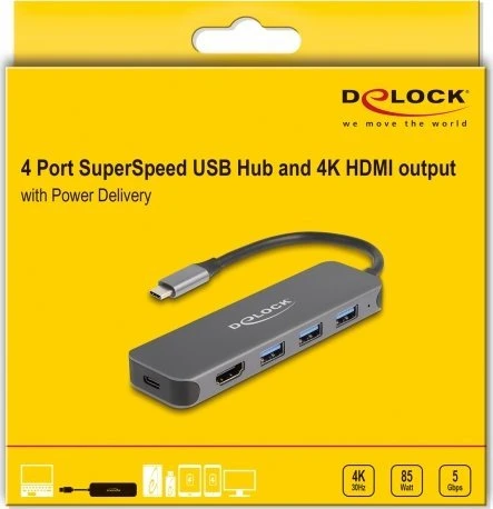 USB šakotuvas Delock 3P USB šakotuvas + 4K HDMI + USB-C + PD 85W - 64171