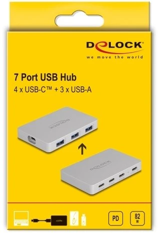Delock 7 portų USB šakotuvas su 4 x USB Type-C lizdu ir 3 x USB Type-A lizdu su PD 82 W (64279)