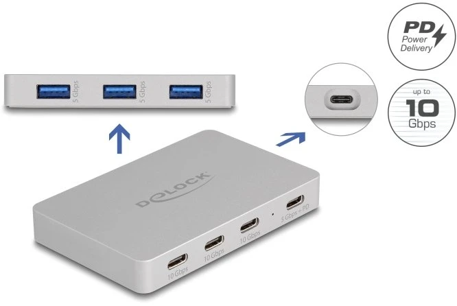 Delock 7 portų USB šakotuvas su 4 x USB Type-C lizdu ir 3 x USB Type-A lizdu su PD 82 W (64279)