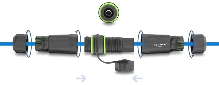 Delock Łącznik kablowy DC 5,5 x 2,1 mm gniazdo do gniazda DC 5,5x2, su gwintem M20 x 1,5 mm i zaślepką su obudową kompatybilny su Starlink (87180)