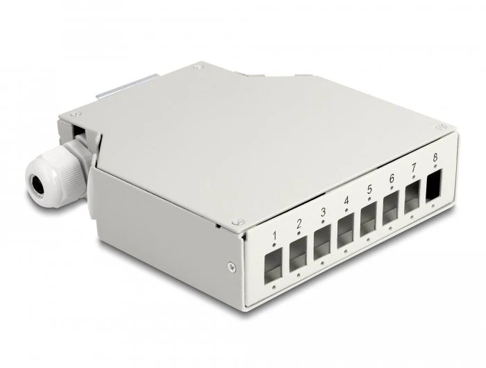 Delock Fiber Optic Distribution Box for DIN rail 8 port pilkas, Piggy-back connector, Straight, Female, Metal, 126 mm