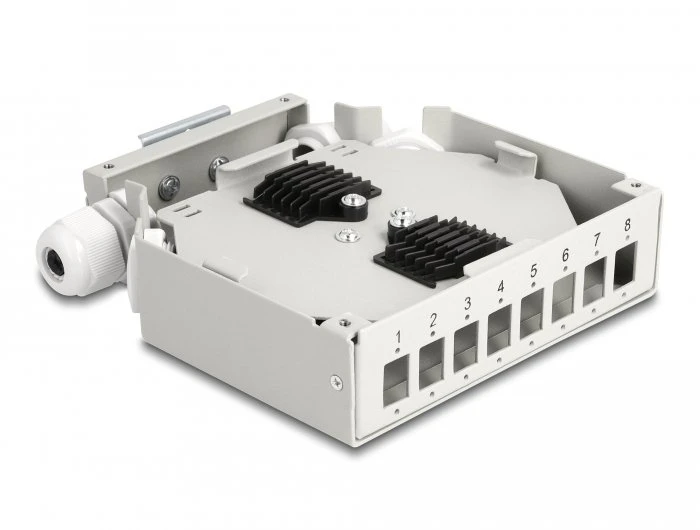Delock Fiber Optic Distribution Box for DIN rail 8 port pilkas, Piggy-back connector, Straight, Female, Metal, 126 mm