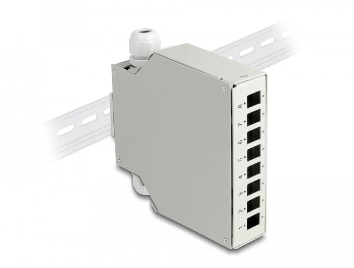 Delock Fiber Optic Distribution Box for DIN rail 8 port pilkas, Piggy-back connector, Straight, Female, Metal, 126 mm