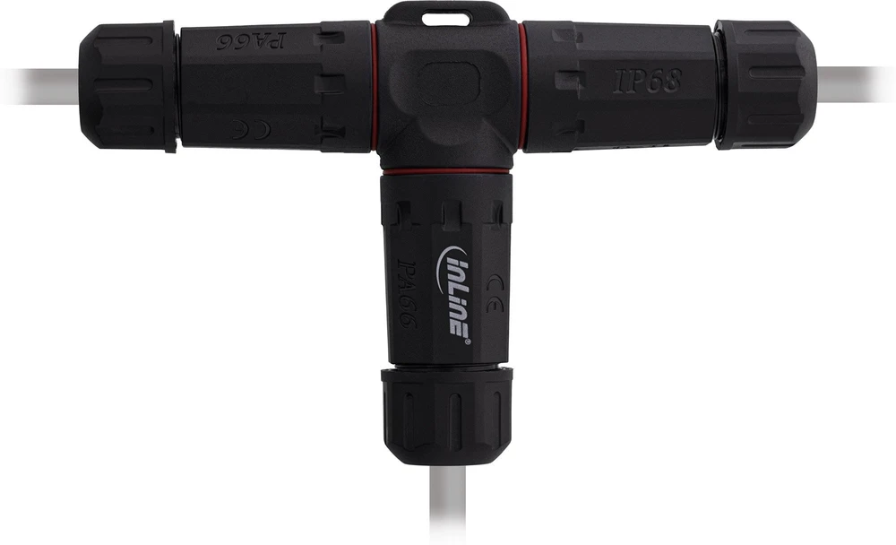 „Delock InLine 69927U“ T tipo jungtis – atspari vandeniui IP68 – 3 išėjimai – M20 sriegis – 4–14 mm kabelio skersmuo – 500 V – 24 A – juoda