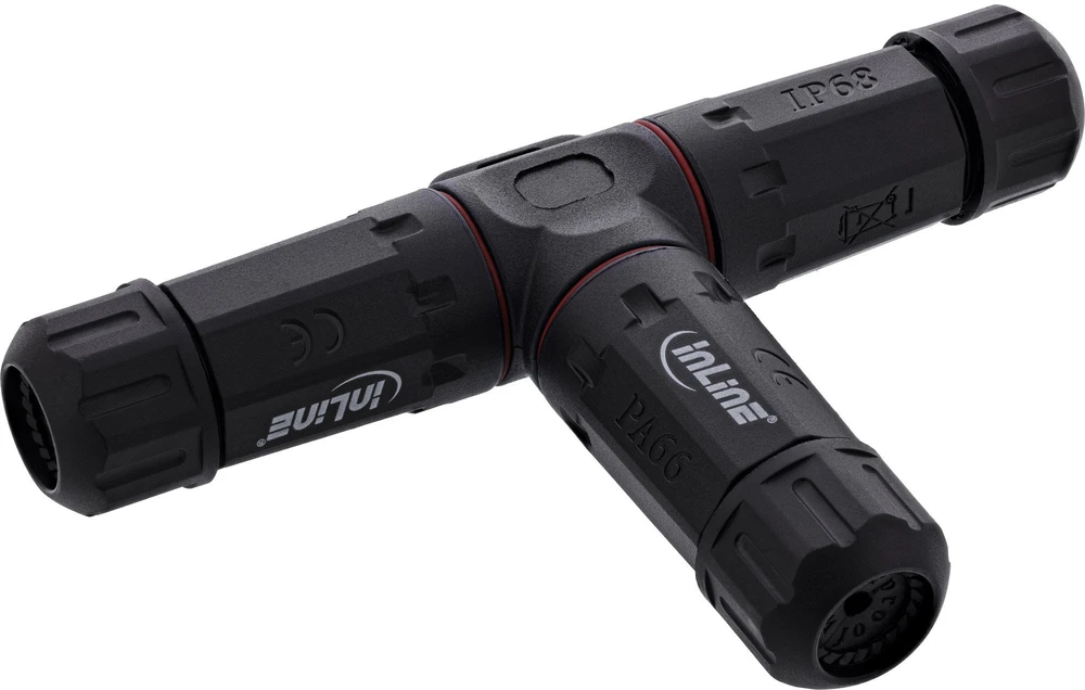 „Delock InLine 69927U“ T tipo jungtis – atspari vandeniui IP68 – 3 išėjimai – M20 sriegis – 4–14 mm kabelio skersmuo – 500 V – 24 A – juoda