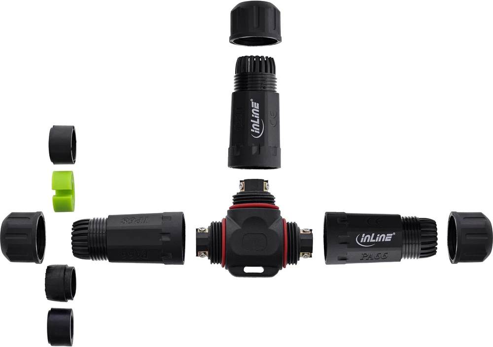 „Delock InLine 69927U“ T tipo jungtis – atspari vandeniui IP68 – 3 išėjimai – M20 sriegis – 4–14 mm kabelio skersmuo – 500 V – 24 A – juoda