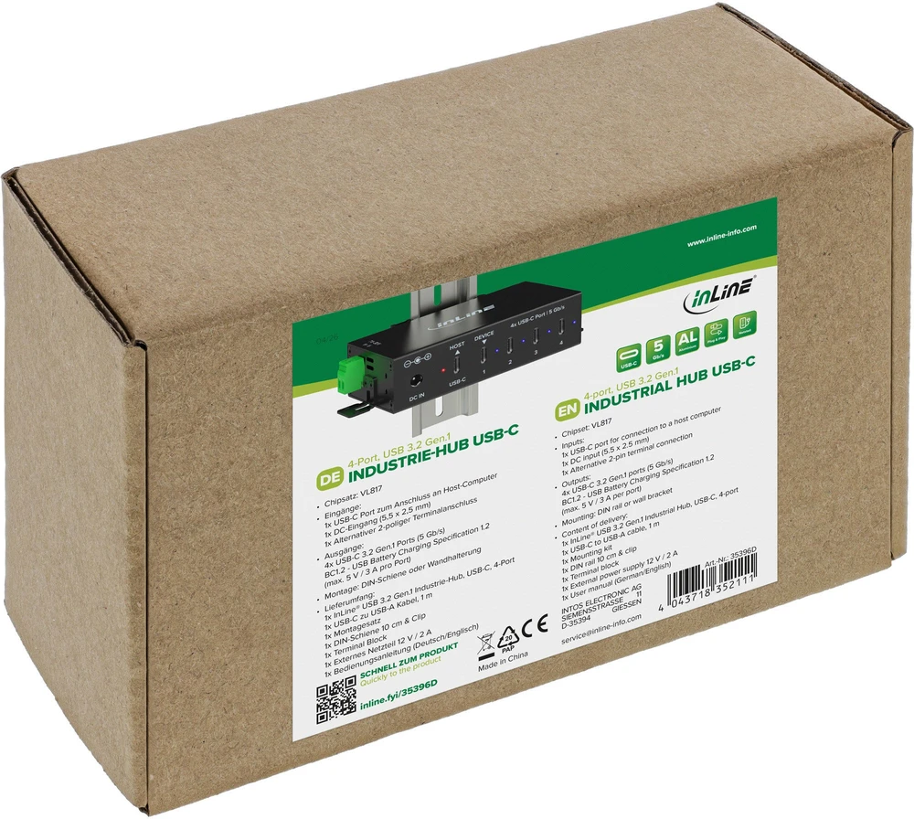 Delock InLine® USB 3.2 Gen.1 pramoninis šakotuvas, USB-C, 4 prievadų, su maitinimo šaltiniu