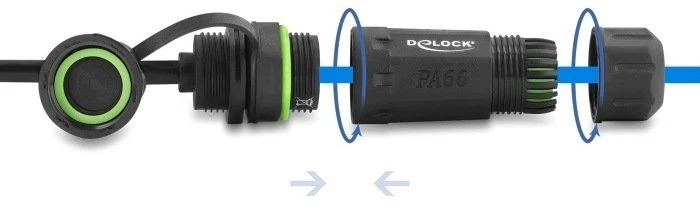 Delock Kabelis RJ45 Wtyk do RJ45 Lizdas Cat.6 do montażu su M20 x 1,5 mm Gwintem i Obudową kompatybilny su Starlink IP68 pyło- i neperšlampamas 1 m juoda (90681)