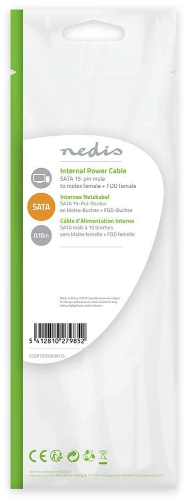 Nedis vidaus maitinimo kabeliai | SATA 15 kontaktų jungtis | Molex lizdas | Paauksuotas | 0,15 m | apvalus | PVC | Įvairiaspalvis | plastikinis maišelis