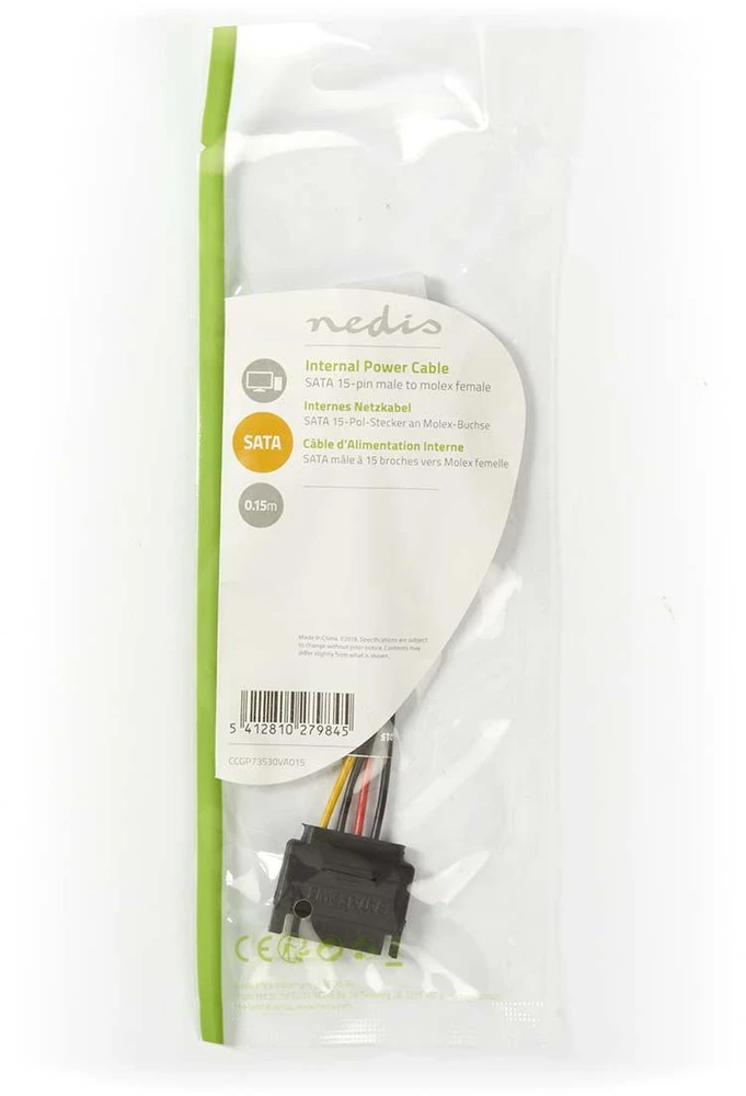 Nedis vidaus maitinimo kabeliai | SATA 15 kontaktų jungtis | Molex lizdas | Paauksuotas | 0,15 m | apvalus | PVC | Įvairiaspalvis | plastikinis maišelis