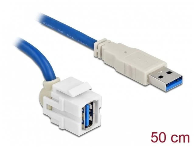 Delock Keystone Modul USB 5 Gbps gniazdo Typ-A 250° do wtyku Typ-A su kablem 0,5 m balta