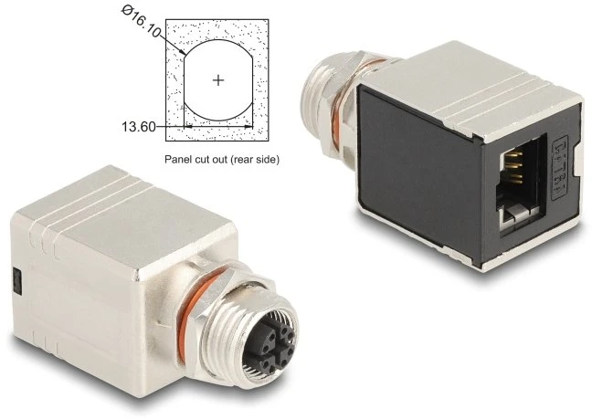 Delock M12 Adapteris X-kodowany 8 Pin gniazdo do RJ45 gniazdo Cat.6A STP ekranowany prosty (60087)