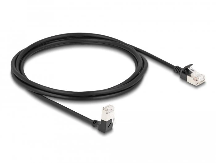 Delock RJ45 tinklo kabelis Cat.6A S/FTP Slim 90° kampu žemyn / tiesus 2 m juodas (80306)