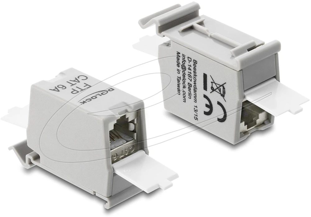 Delock RJ45 jungtis Cat.6A lizdas į lizdą su apsauga nuo dulkių montavimui ant bėgelio ekranuota juoda / balta