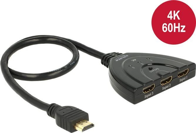 Delock HDMI UHD jungiklis 3 x HDMI įvestis > 1 x HDMI išvestis 4K su integruotu kabeliu 50 c