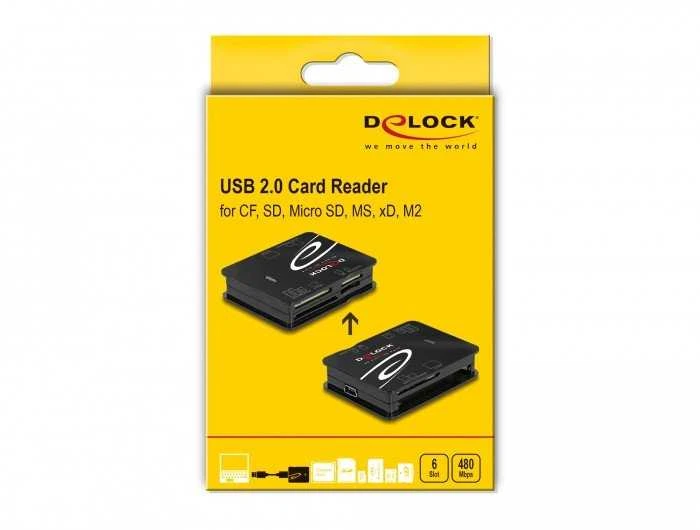 Skaitytuvas Delock USB 2.0 kortelių skaitytuvas CF / SD / Micro SD / MS / xD / M2 atminties kortelėms, CF, MMC, MS Duo, MS Micro (M2), MicroSD (TransFlash), SD, xD, Juodas, 480 Mbit/s, USB 2.0, 43.5 mm, 56.6 mm