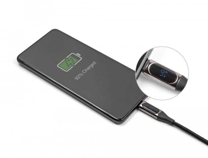 „Delock“ USB 2.0 duomenų ir greito įkrovimo kabelis, USB Type-C™ kištukas - PD 3.0 kištukas, 100 W, su galios ekranu, 2 m (86809)