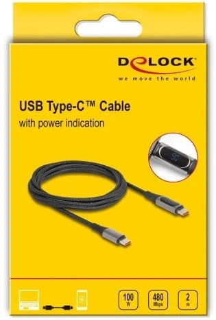 „Delock“ USB 2.0 duomenų ir greito įkrovimo kabelis, USB Type-C™ kištukas - PD 3.0 kištukas, 100 W, su galios ekranu, 2 m (86809)