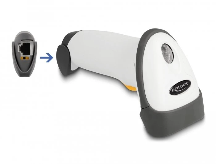Skeneris Delock USB Barcode Scanner 1D su kablem połączeniowym i laikikliu - lazerinis - šviesiai pilkas