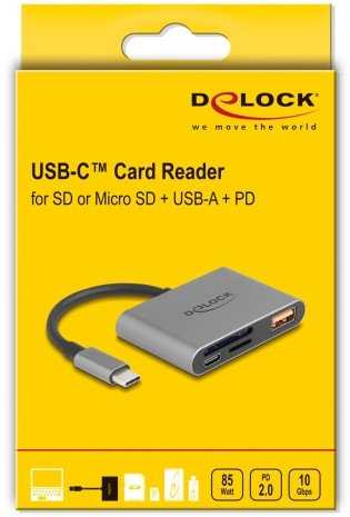 Skaitytuvas Delock DELOCK USB-C Card Reader fur SD und Micro SD Speicherkarten + USB 10 Gbps Typ-A Port und USB Type-C PD 2.0 85 W