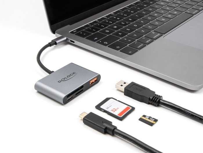 Skaitytuvas Delock DELOCK USB-C Card Reader fur SD und Micro SD Speicherkarten + USB 10 Gbps Typ-A Port und USB Type-C PD 2.0 85 W
