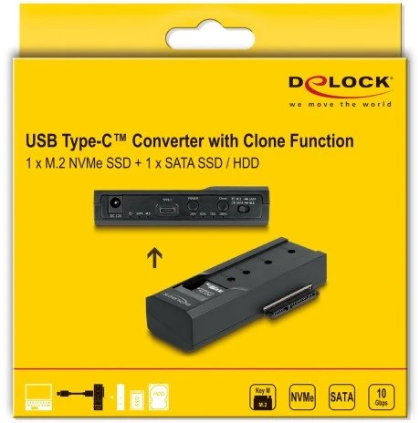 Delock – Saugyklos valdiklis – Klonavimo funkcija – 2,5", 3,5", M.2 (6,4 cm, 8,9 cm) – M.2 plokštė (PCIe NVMe ir SATA) / SATA SSD – USB-C 3.2 (2 kartos x 1)