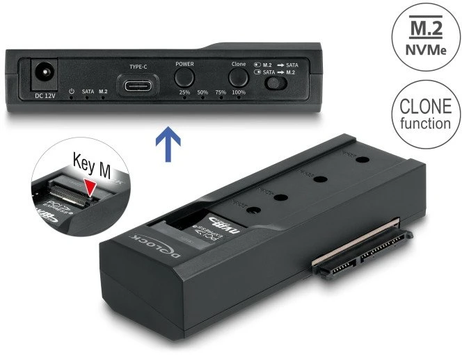 Delock – Saugyklos valdiklis – Klonavimo funkcija – 2,5", 3,5", M.2 (6,4 cm, 8,9 cm) – M.2 plokštė (PCIe NVMe ir SATA) / SATA SSD – USB-C 3.2 (2 kartos x 1)