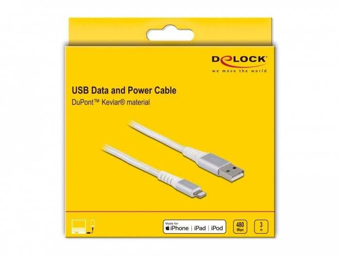 Delock USB Daten- und Ladekabel fur iPhone, iPad, iPod DuPont Kevlar baltas 3 m