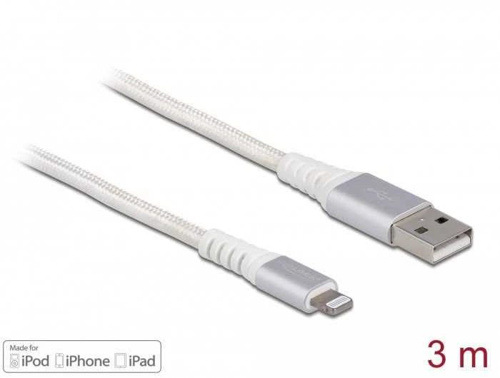 Delock USB Daten- und Ladekabel fur iPhone, iPad, iPod DuPont Kevlar baltas 3 m
