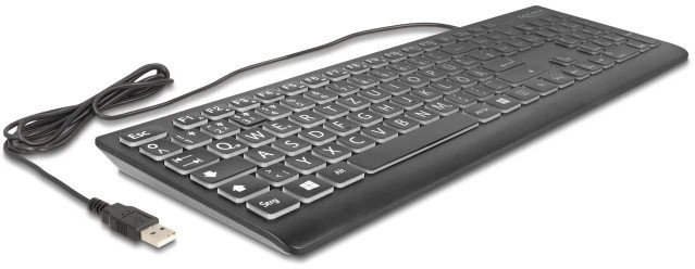 DELOCK USB laidinė klaviatūra 1,5 m, juoda, su XXL raidėmis ir foniniu apšvietimu