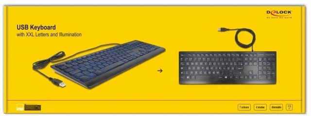 DELOCK USB laidinė klaviatūra 1,5 m, juoda, su XXL raidėmis ir foniniu apšvietimu
