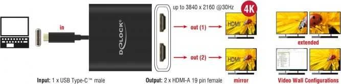 Delock Splitter USB-C - 2x HDMI 4K juodas