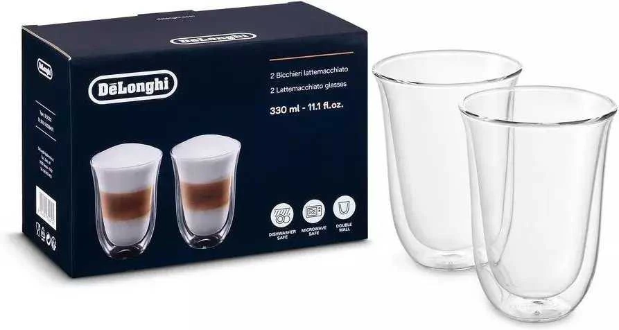 Delonghi kavos stiklinių rinkinys, 2 stiklinės, latte, 220 ml, 2 vnt., atsparios vandeniui, permatomos