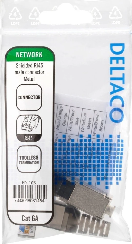 RJ45 kištukas Cat6A, ekranuotas, be įrankių, metalinis DELTACO / MD-106