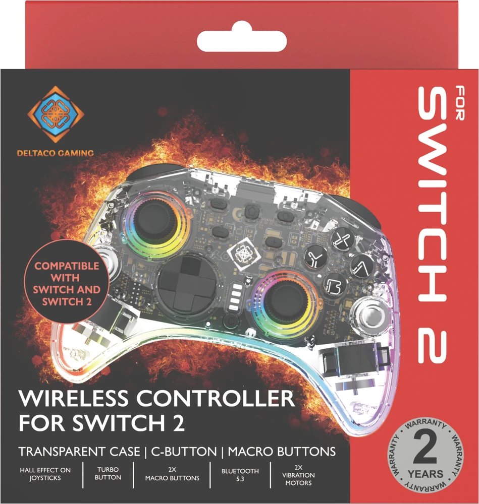 Žaidimų valdiklis DELTACO GAMING belaidis skaidrus „Switch 2“ su C mygtuku, RGB, makro mygtukais GAM-198-T / 4222477