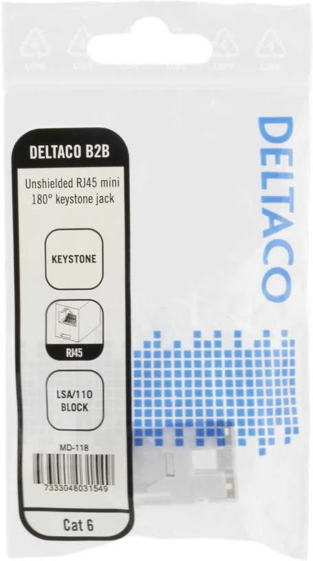 Cat6 "Keystone" jungtis, LSA / 110 jungtis, plastikinis, 180 DELTACO baltas / MD-118
