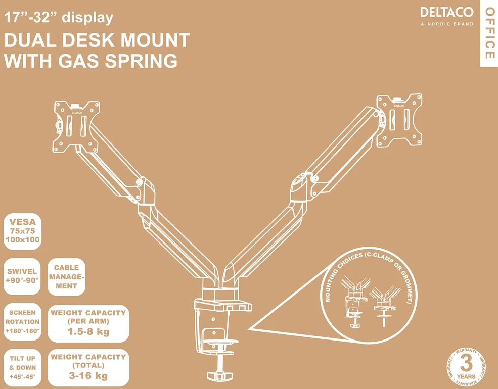 Stalinis laikiklis DELTACO OFFICE su dujine spyruokle 17"-32", 1,5-8kg, 75x75-100x100DE / ARM-0351
