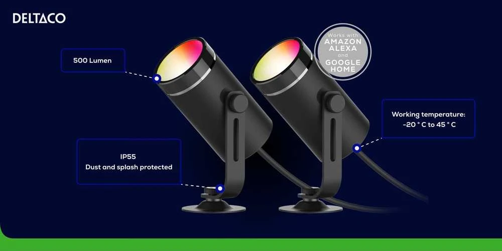 Lubinis šviestuvas Sodo šviestuvas DELTACO SMART HOME 2 žibintai, 8W vienam žibintui, RGB + 2700K / SH-GLK01
