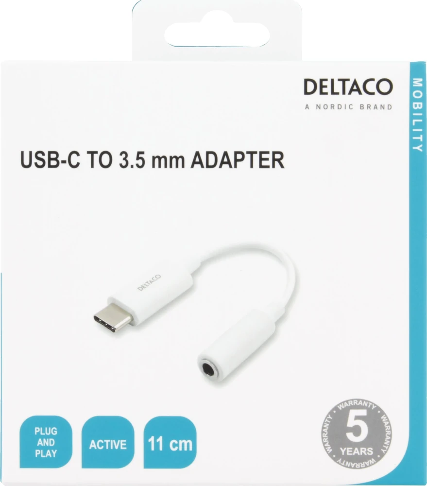 DELTACO USB-C į 3,5 mm adapteris, 10 cm, aktyvus, baltas USBC-1145