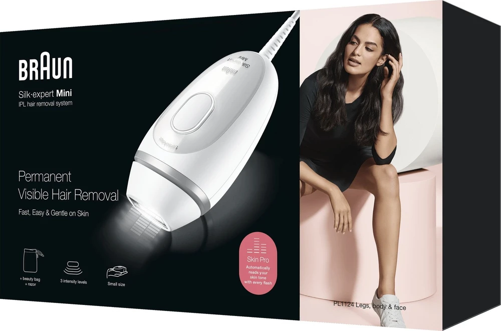 Depiliatorius Braun Braun Silk-expert Mini PL1124, plaukų šalinimo priemonė (balta/sidabrinė, su maišeliu + Venus Smooth)