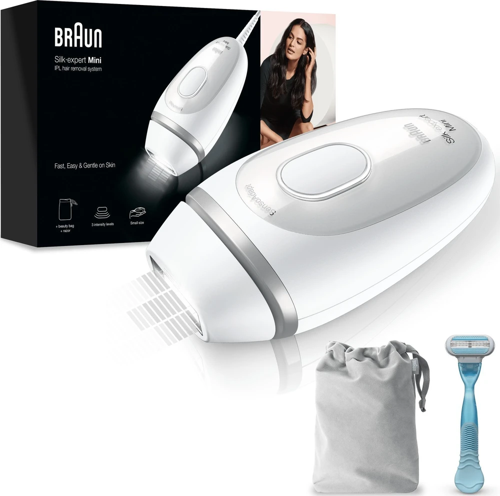 Depiliatorius Braun Braun Silk-expert Mini PL1124, plaukų šalinimo priemonė (balta/sidabrinė, su maišeliu + Venus Smooth)