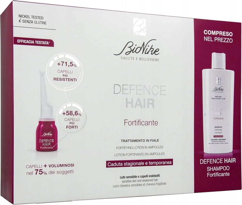 Set BioNike: Defence Hair Hair Šampūnas Fortifying, 200 ml + Defence Fortifying Ampoules Treatment Serum For Scalp For Women, 21 vnt., 6 ml