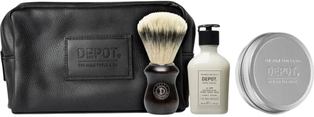Depot Set Depot: 400 Shave Specifics No. 408, Classic Cologne, Moisturizing, After-Shave Balm, 50 ml + 400 Shave Specifics No. 412, Hydrating, Shaving Soap, 100 g + Accessories No. 731 Luxury, Artificial Fiber, Face Shaving , Brown + The Male Tools,