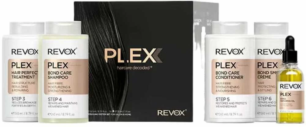 Rinkinys „Revox B77“: „Plex Bond Step 3“ plaukų kreminis prieš lūžinėjimą, 260 ml + „Plex Bond Step 4“ plaukų šampūnas stiprinimui, 260 ml + „Plex Bond Step 5“ atkuriamasis plaukų kondicionierius, 260 ml + „Plex Bond Step 6“ atkuriamasis plaukų kreminis, 260 ml + „Plex Bond“