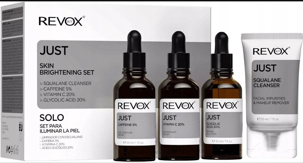 Odos skaistinimo rinkinys „Revox B77“: dieninis paakių serumas su kofeinu 5 %, 30 ml + antioksidantinis serumas veidui su vitaminu C 2 %, 30 ml + tonizuojantis serumas veidui su glikolio rūgštimi 20 %, 30 ml + skvalanas, šalinantis nešvarumus, valomasis kremas, 30 ml.