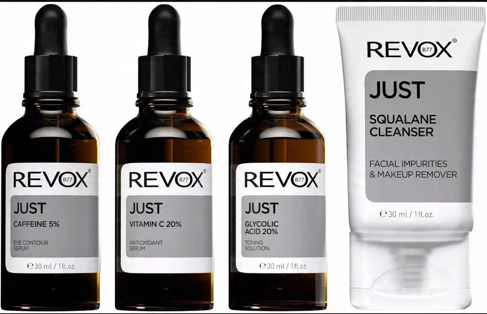 Odos skaistinimo rinkinys „Revox B77“: dieninis paakių serumas su kofeinu 5 %, 30 ml + antioksidantinis serumas veidui su vitaminu C 2 %, 30 ml + tonizuojantis serumas veidui su glikolio rūgštimi 20 %, 30 ml + skvalanas, šalinantis nešvarumus, valomasis kremas, 30 ml.