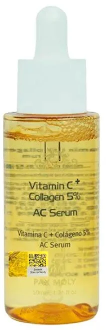 PaxMoly Ac Serum Vitamin C + Collagen 5% drėkinantis ir blizginantis dieninis ir naktinis veido serumas, 50 ml