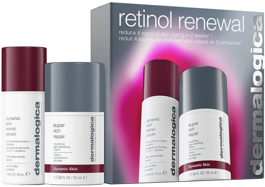 Retinolio atsinaujinimo rinkinys „Dermalogica“: „Dynamic Skin“ retinolio serumas veidui nuo raukšlių, 30 ml + „Dynamic Skin“ senėjimą stabdantis kreminis veidui, 50 ml