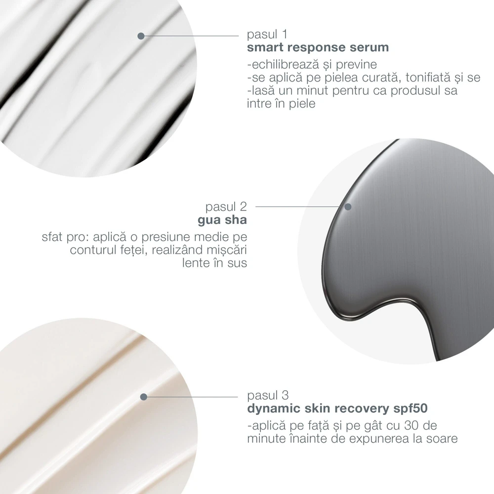 Setas Dermalogica: Smart Response be parabenų – glotninantis/stangrinantis ir drėkinantis dienos serumas veidui, 30 ml + Dynamic Skin drėkinamasis kremas veidui SPF 50, 7 ml + Gua Sha veido masažo akmuo