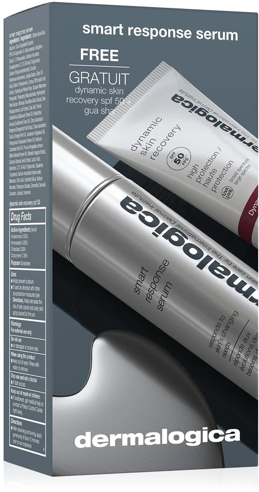 Setas Dermalogica: Smart Response be parabenų – glotninantis/stangrinantis ir drėkinantis dienos serumas veidui, 30 ml + Dynamic Skin drėkinamasis kremas veidui SPF 50, 7 ml + Gua Sha veido masažo akmuo